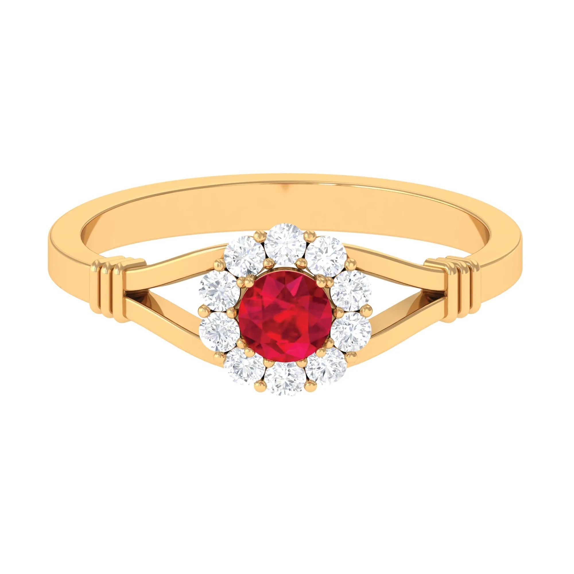 Lab Grown Ruby Split Shank Ring with Diamond Halo