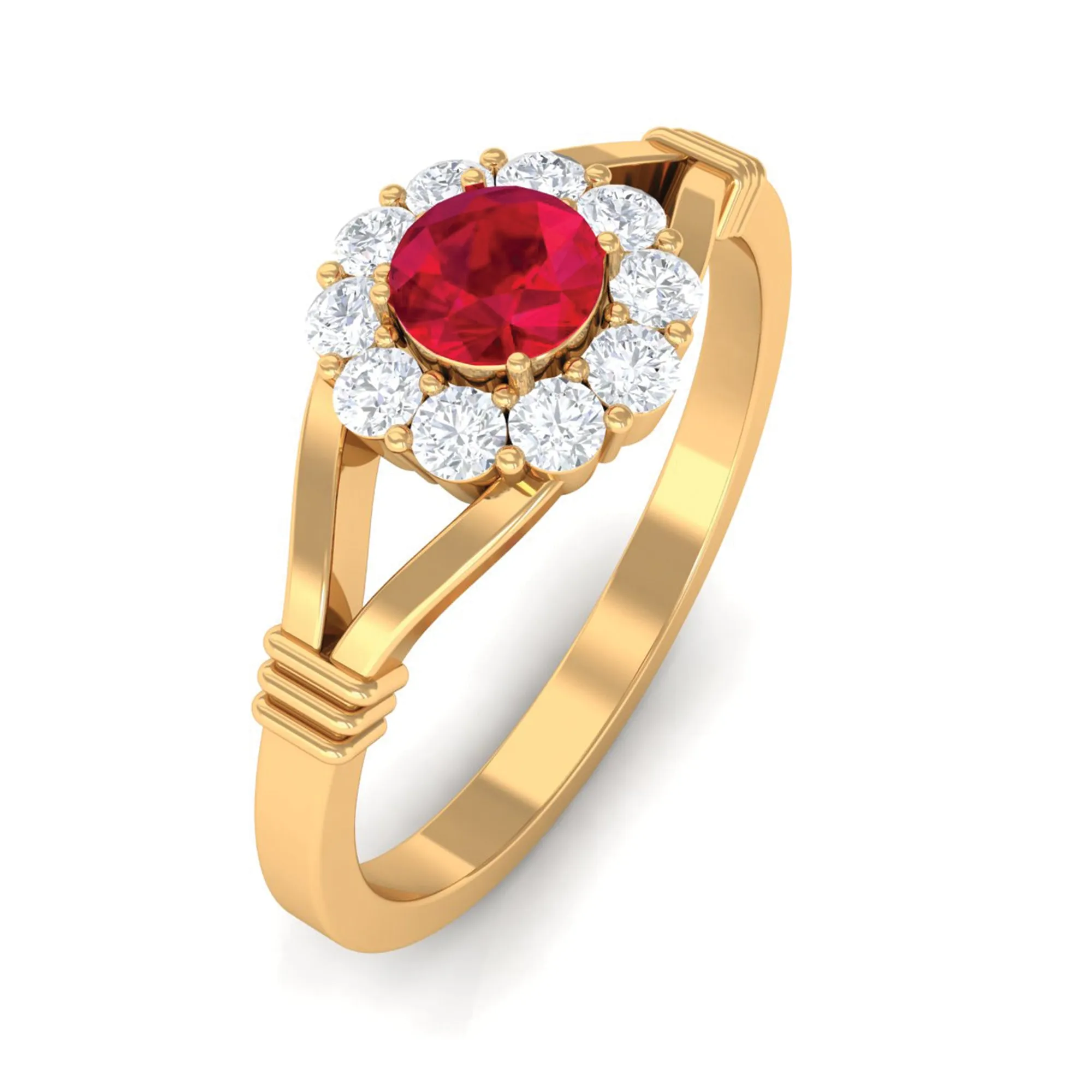 Lab Grown Ruby Split Shank Ring with Diamond Halo