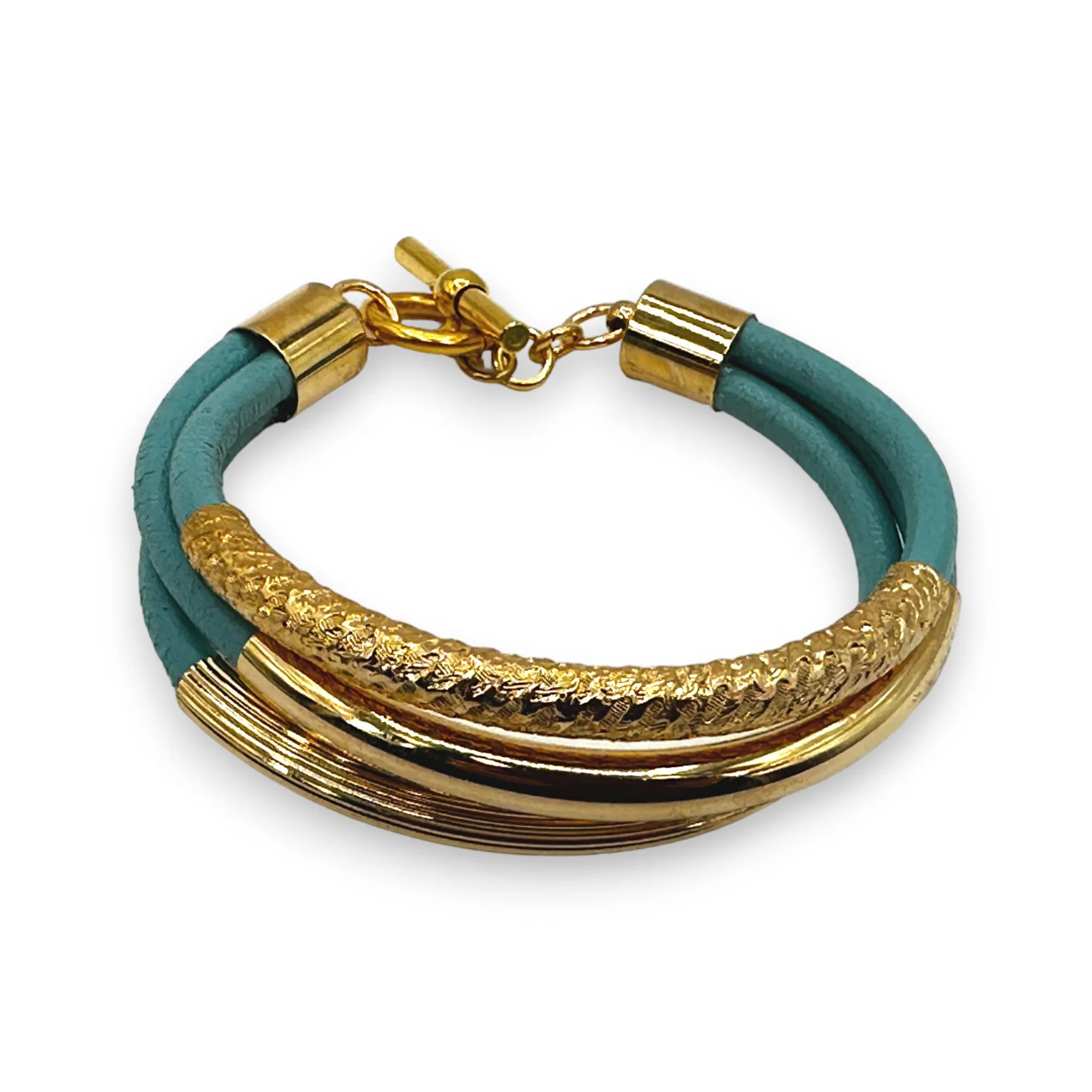 Leather Three-Strand Bracelet with GOLD Textured Tubes