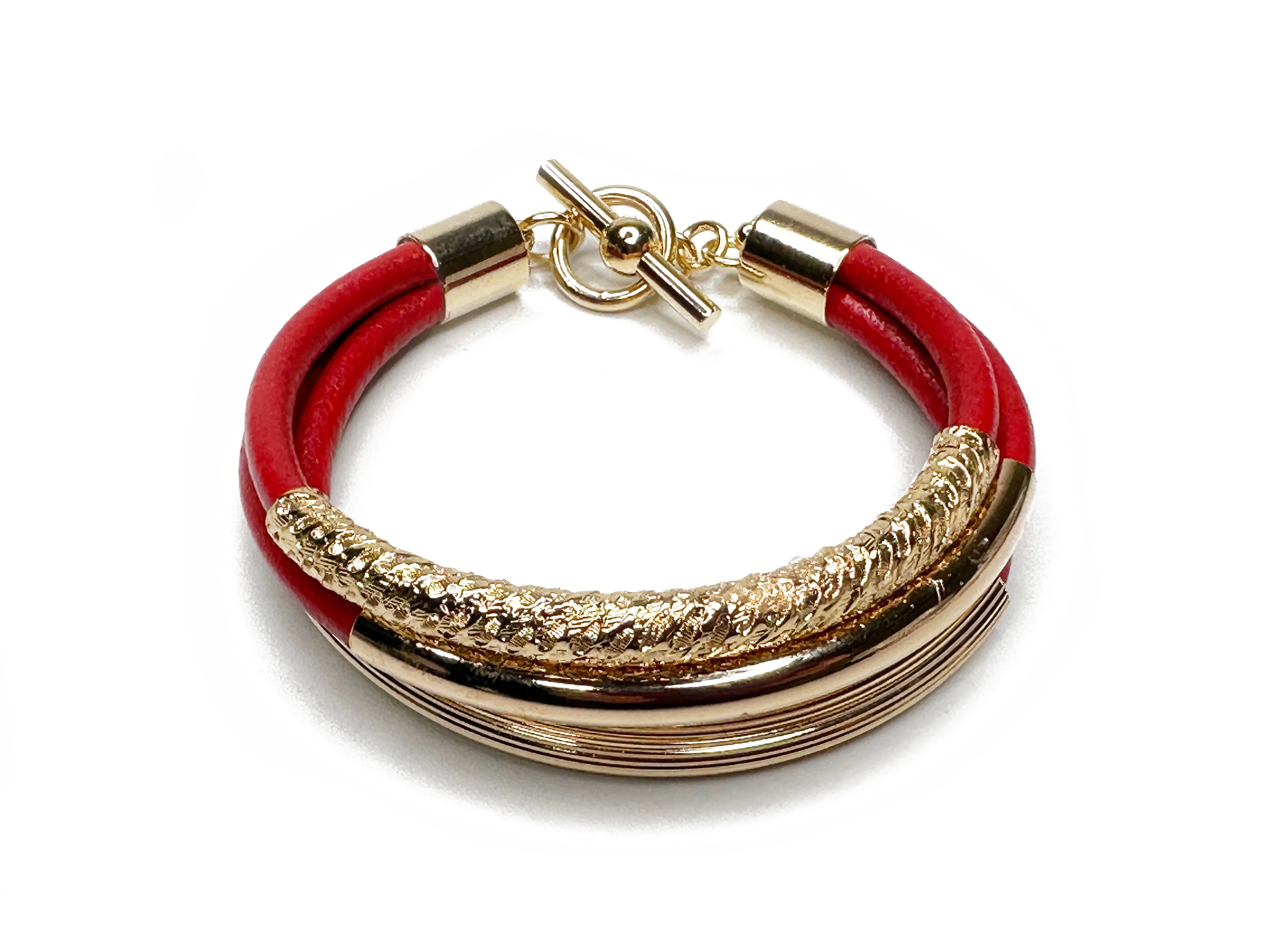 Leather Three-Strand Bracelet with GOLD Textured Tubes