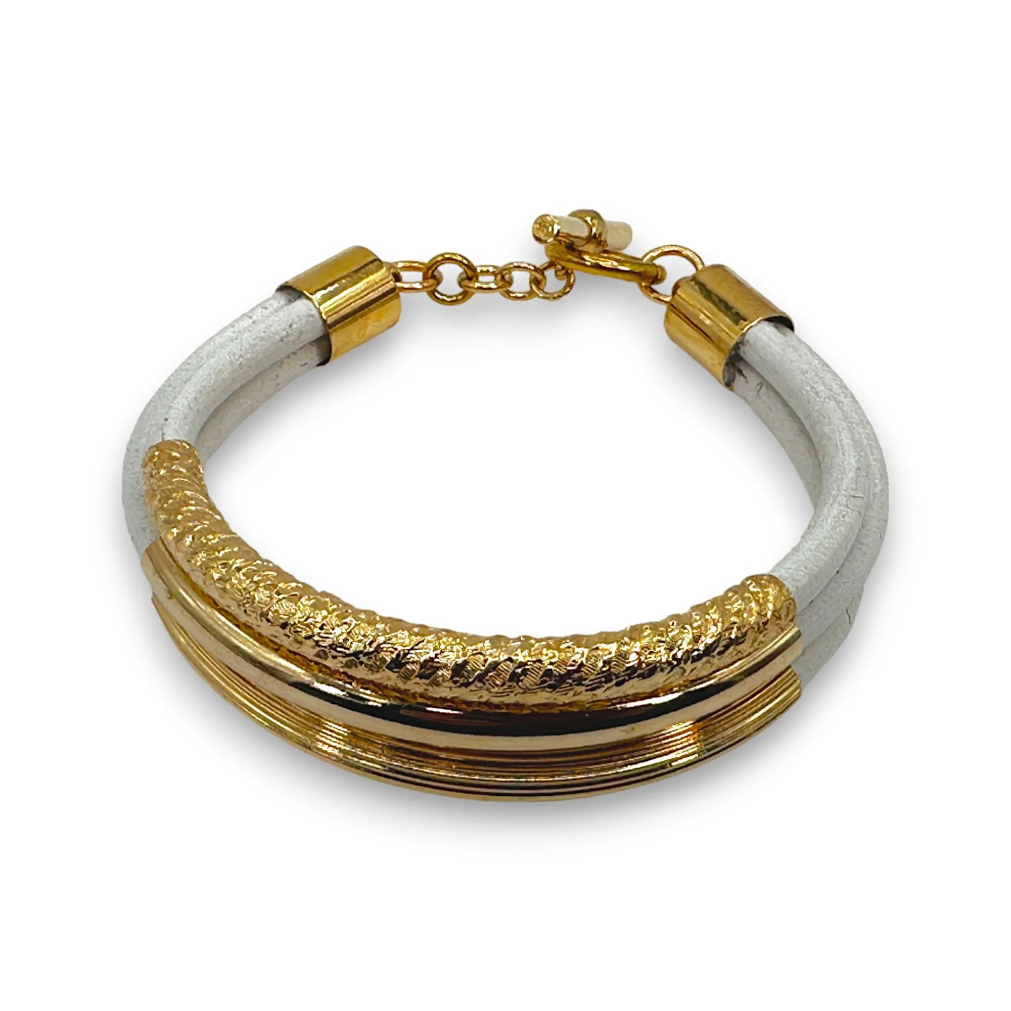 Leather Three-Strand Bracelet with GOLD Textured Tubes