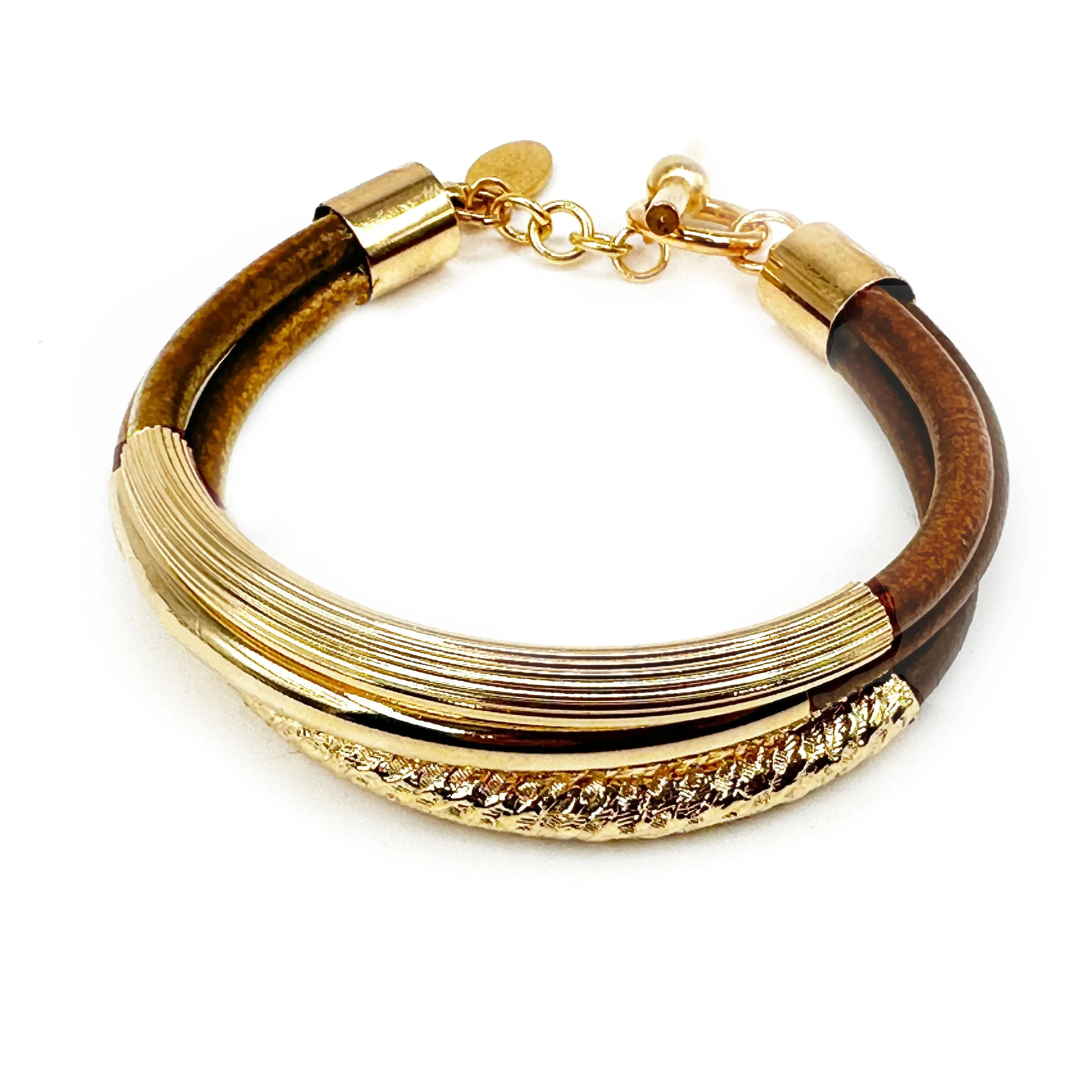 Leather Three-Strand Bracelet with GOLD Textured Tubes