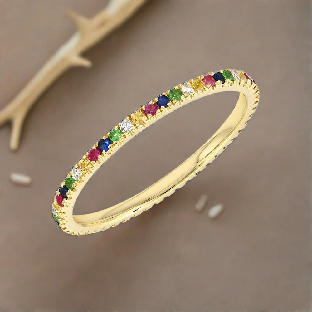 Liven Co. Rainbow Sapphire and Diamond Pave Eternity Band 14K Yellow Gold, Size 6