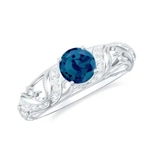 London Blue Topaz Vintage Inspired Engagement Ring with Diamond