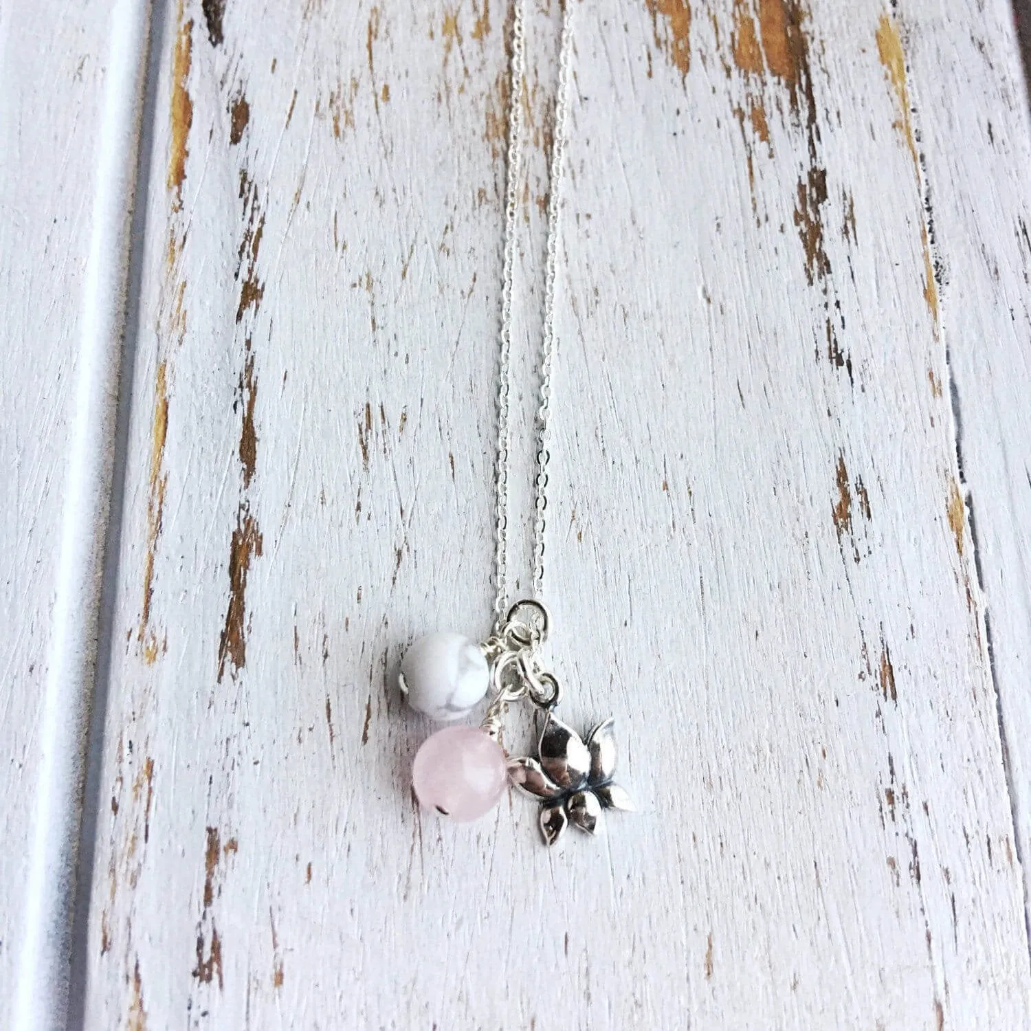 Lotus, Rose Quartz & White Howlite Sterling Silver Necklace