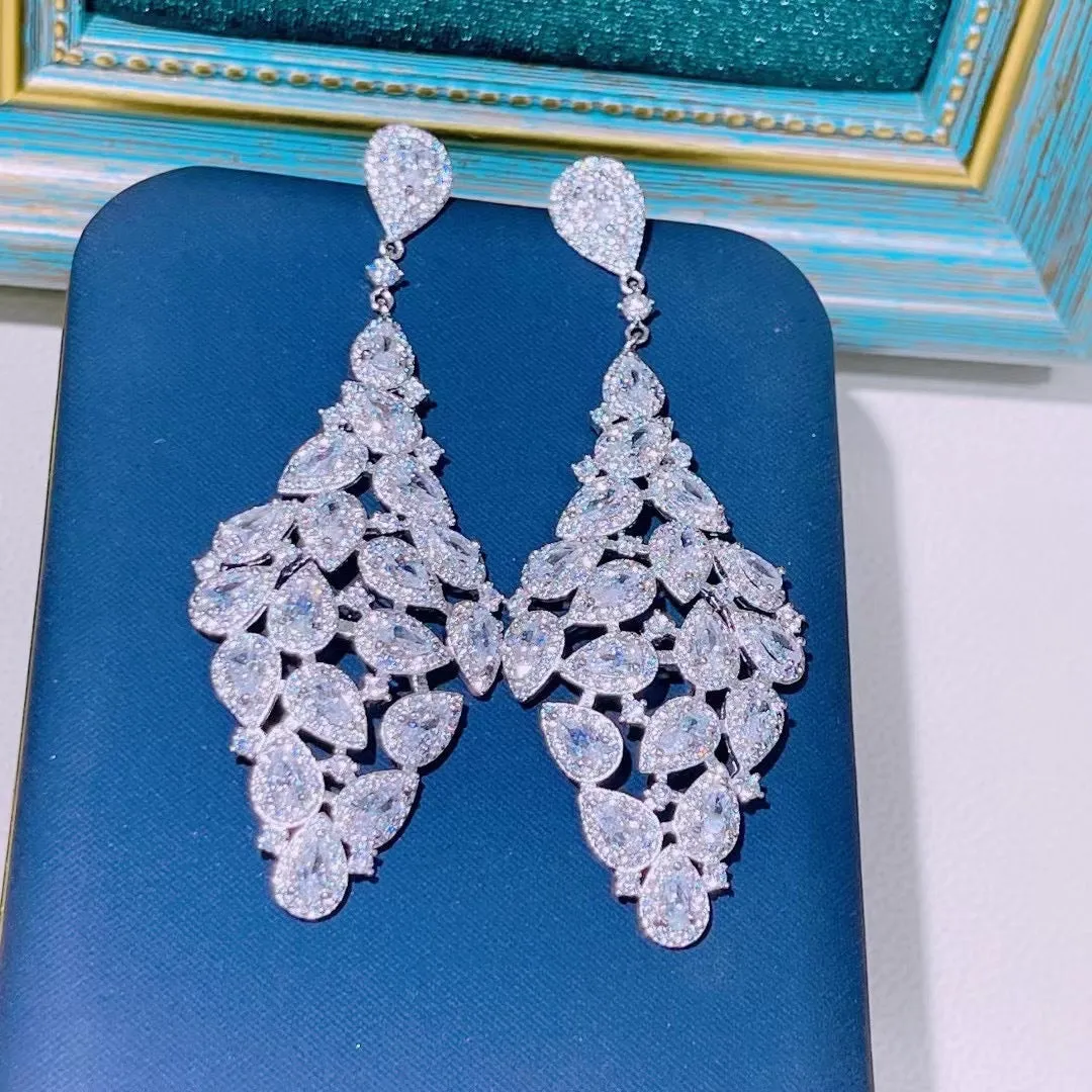 Luxury Full Zircon Water Drop Tassel Large Diamond Drop Earrings