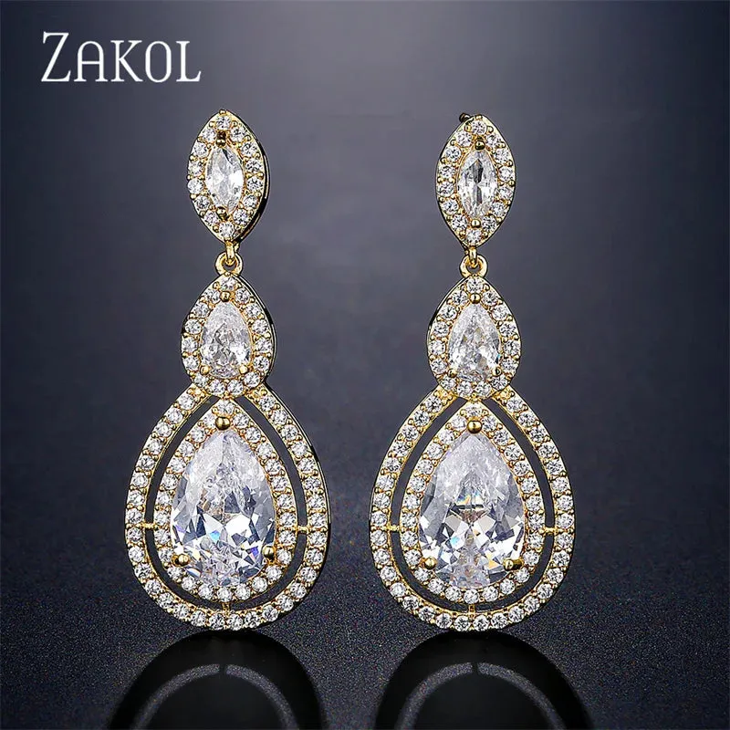 Luxury Water Drop Cubic Zircon Long Dangle Earrings