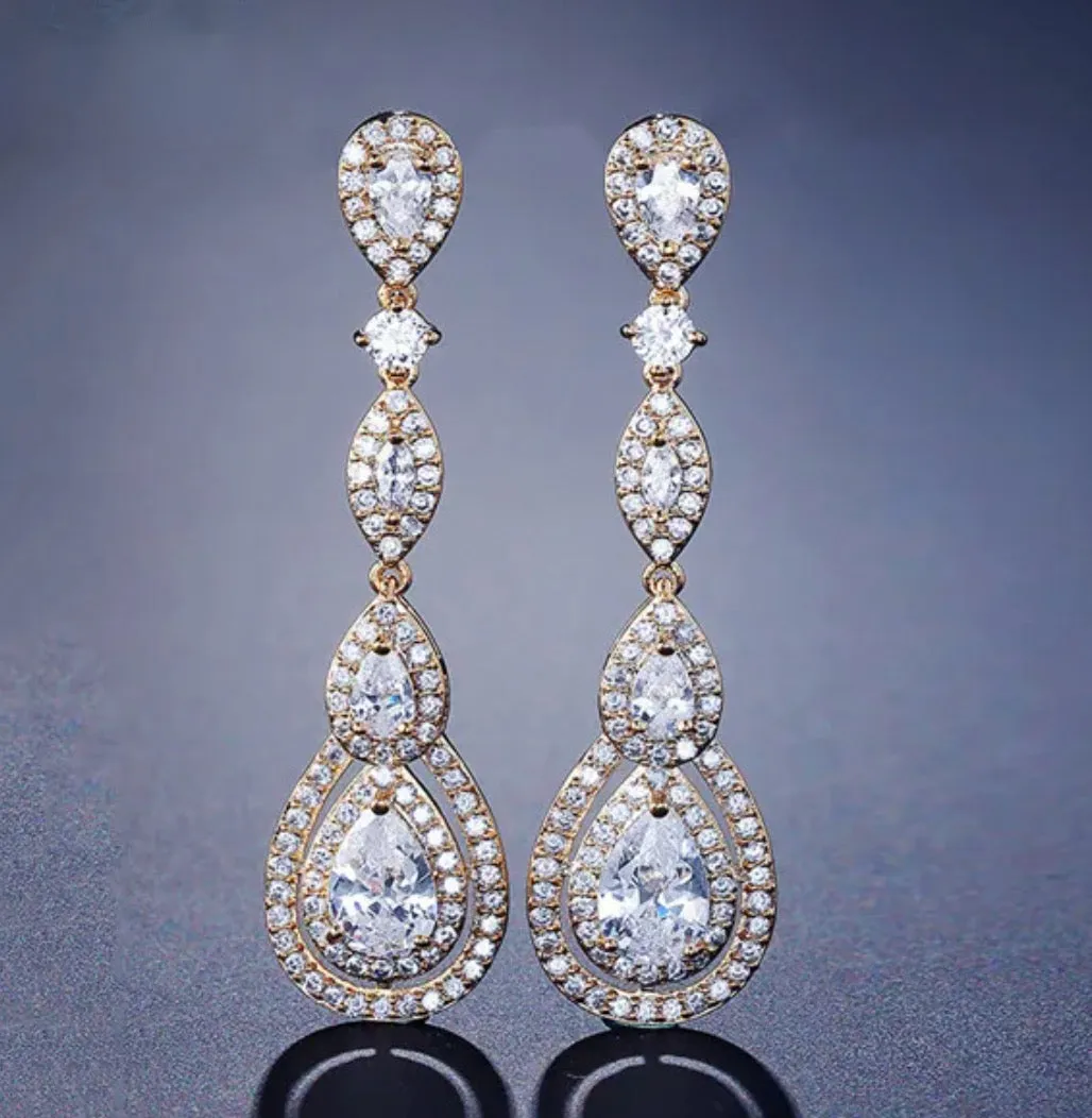 Luxury Water Drop Cubic Zircon Long Dangle Earrings