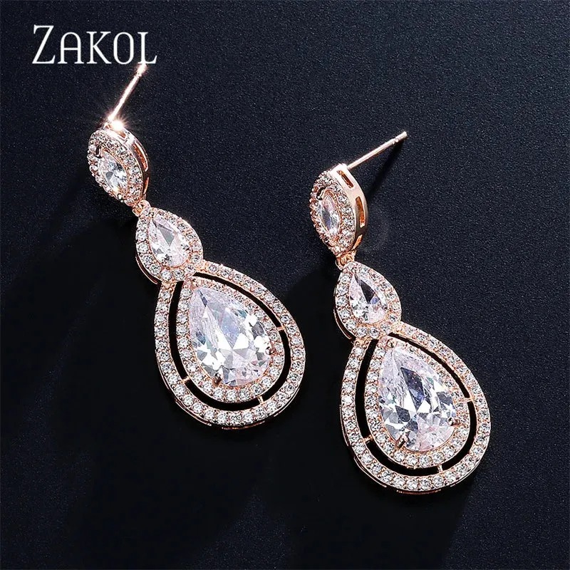 Luxury Water Drop Cubic Zircon Long Dangle Earrings