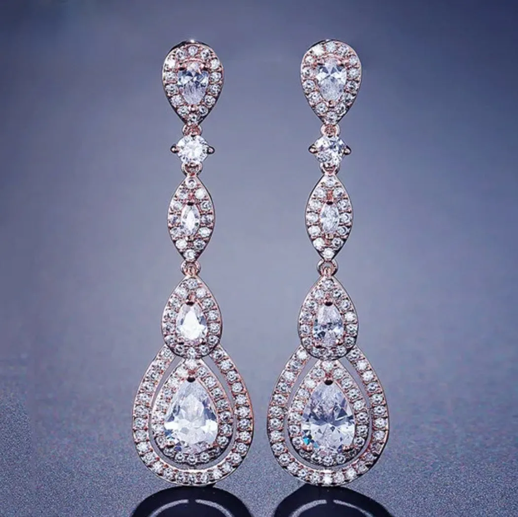 Luxury Water Drop Cubic Zircon Long Dangle Earrings