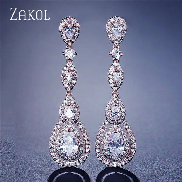 Luxury Water Drop Cubic Zircon Long Dangle Earrings