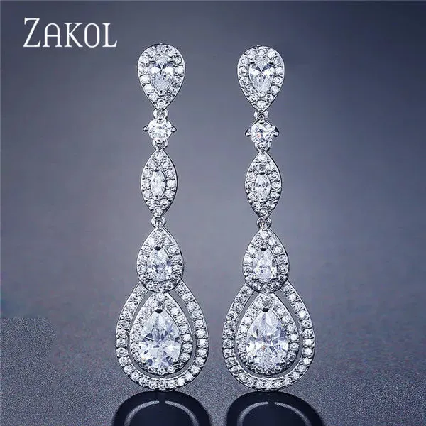 Luxury Water Drop Cubic Zircon Long Dangle Earrings