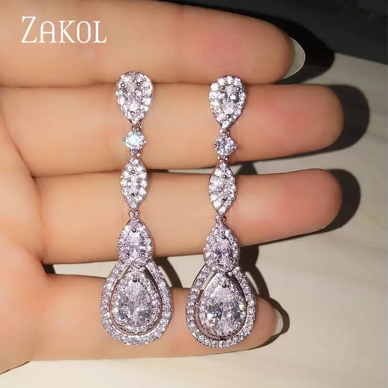 Luxury Water Drop Cubic Zircon Long Dangle Earrings