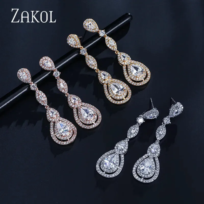 Luxury Water Drop Cubic Zircon Long Dangle Earrings