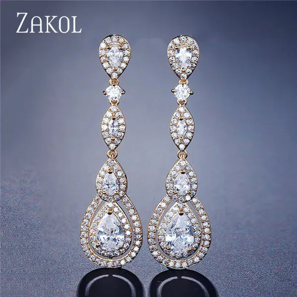 Luxury Water Drop Cubic Zircon Long Dangle Earrings