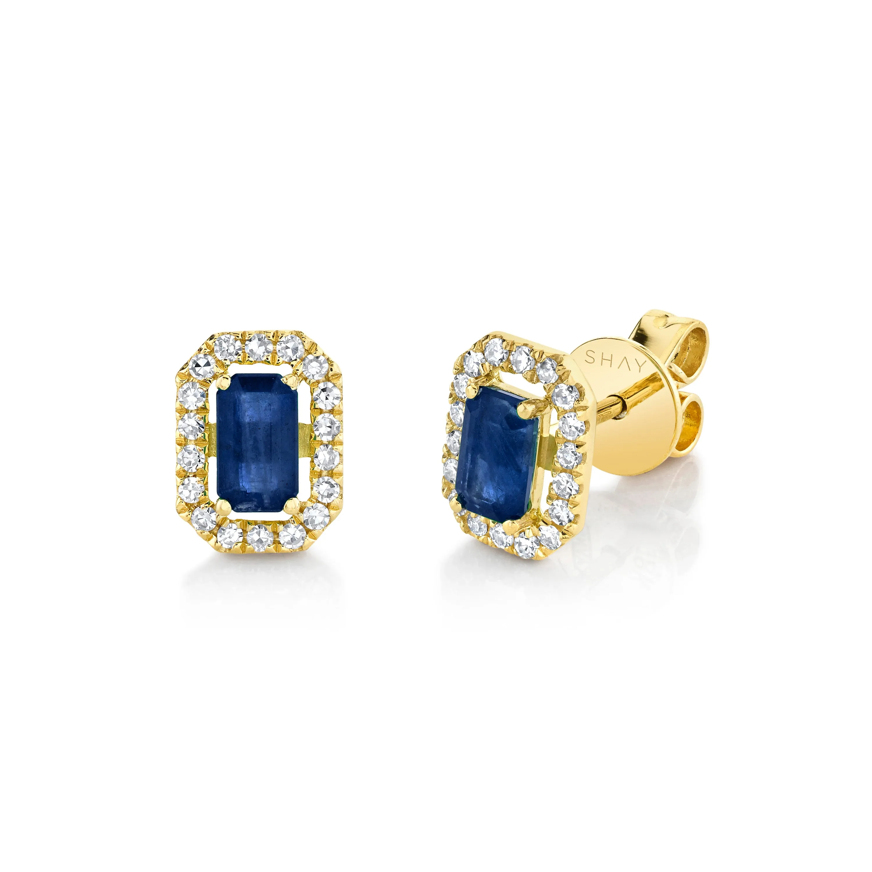 MINI ME DIAMOND HALO BLUE SAPPHIRE STUDS