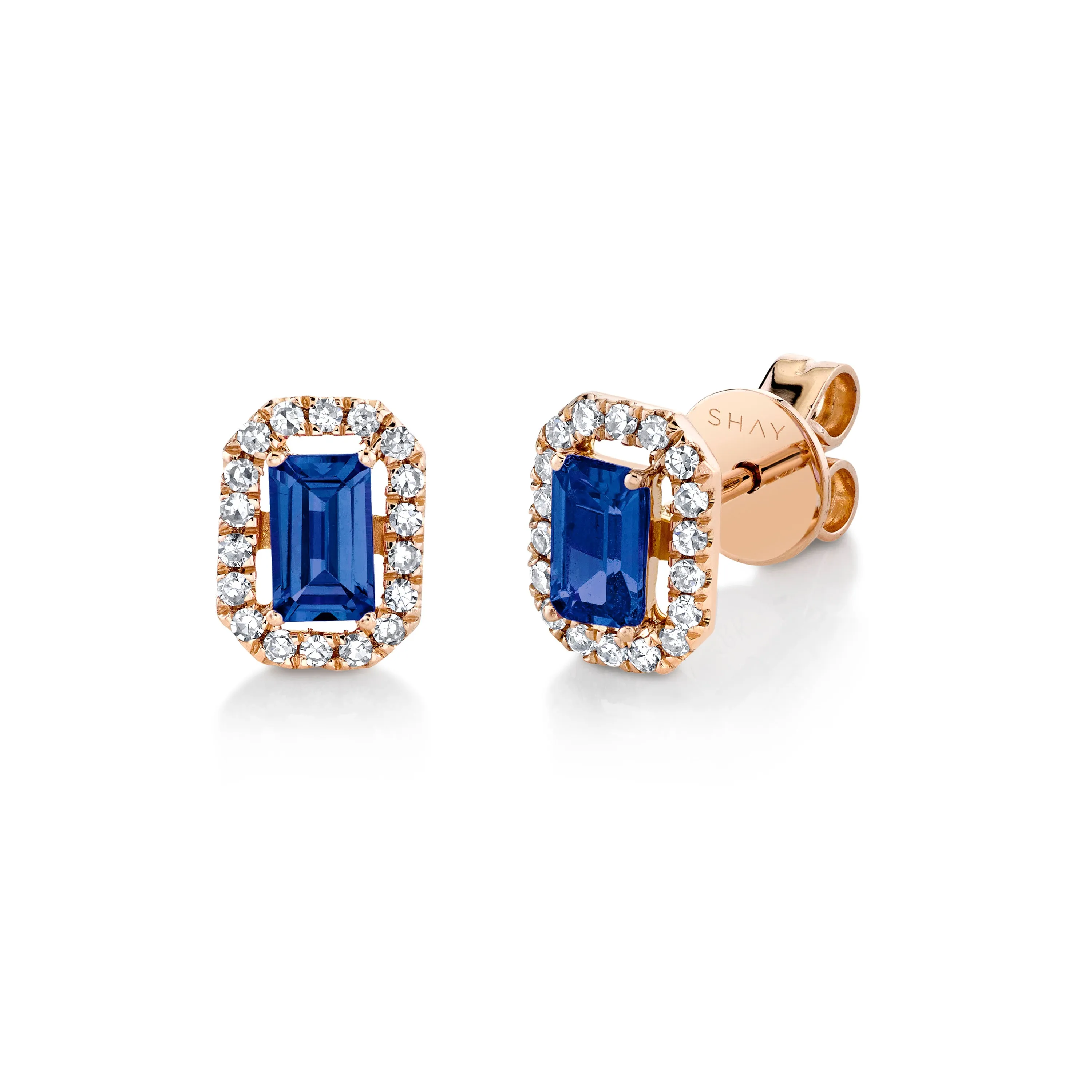 MINI ME DIAMOND HALO BLUE SAPPHIRE STUDS