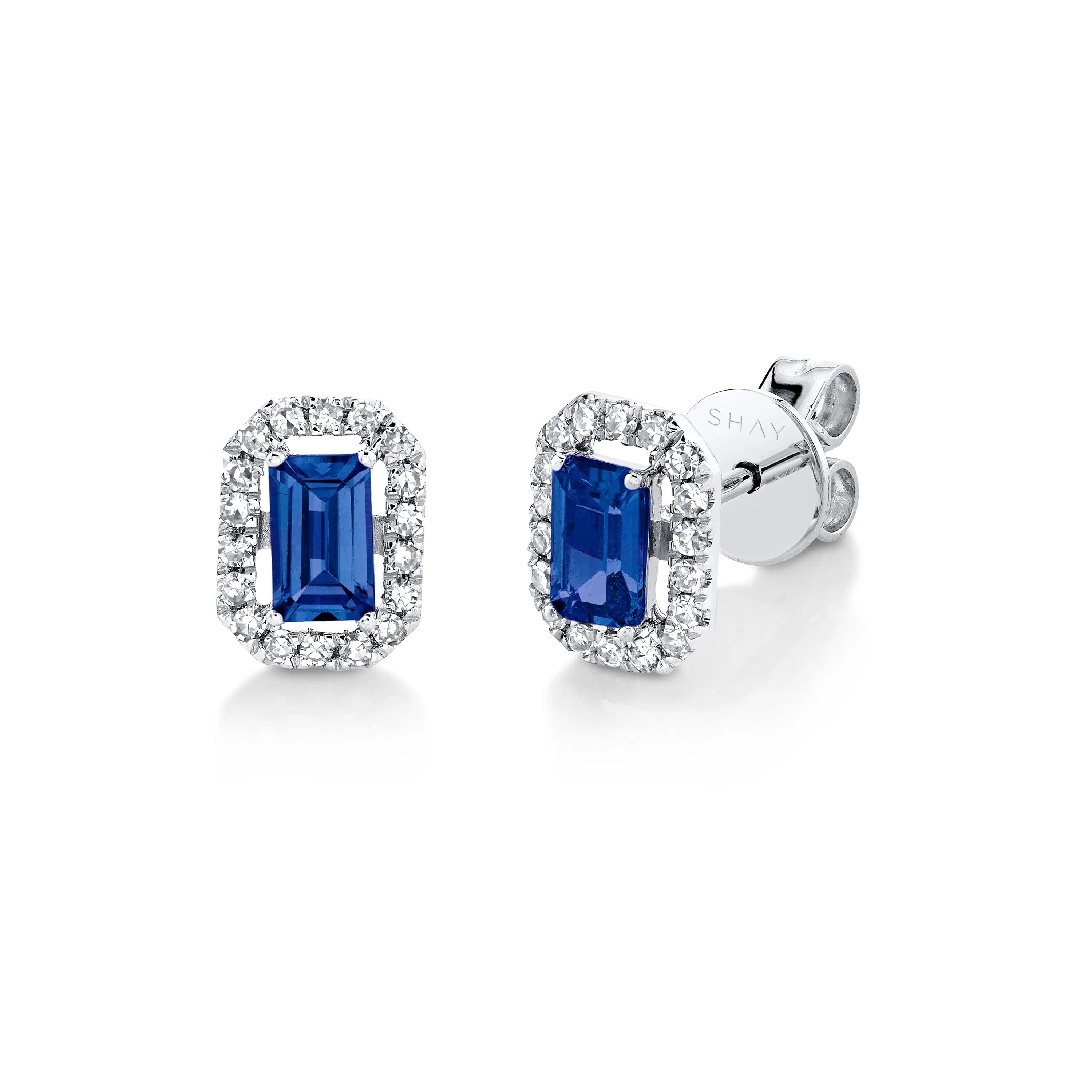 MINI ME DIAMOND HALO BLUE SAPPHIRE STUDS