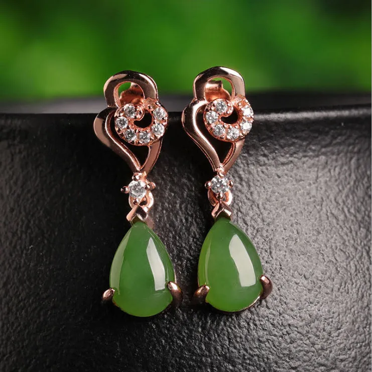 Natural Jade Earrings Nephrite Silver Zircon Earrings ZEG520