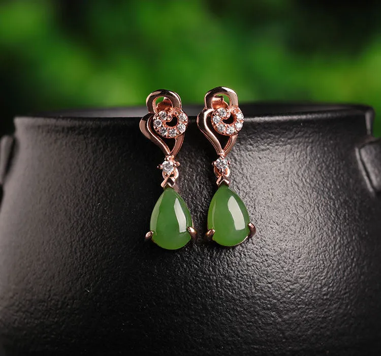 Natural Jade Earrings Nephrite Silver Zircon Earrings ZEG520