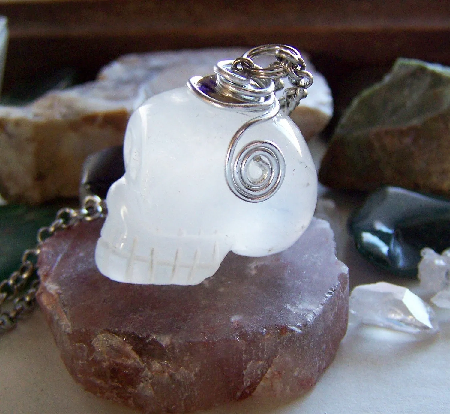 Natural Quartz Crystal Skull Day of the Dead Jewelry Pendant Necklace