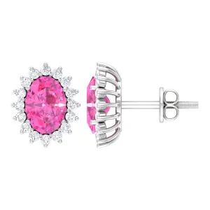 Oval Cut Pink Sapphire and Diamond Halo Stud Earrings