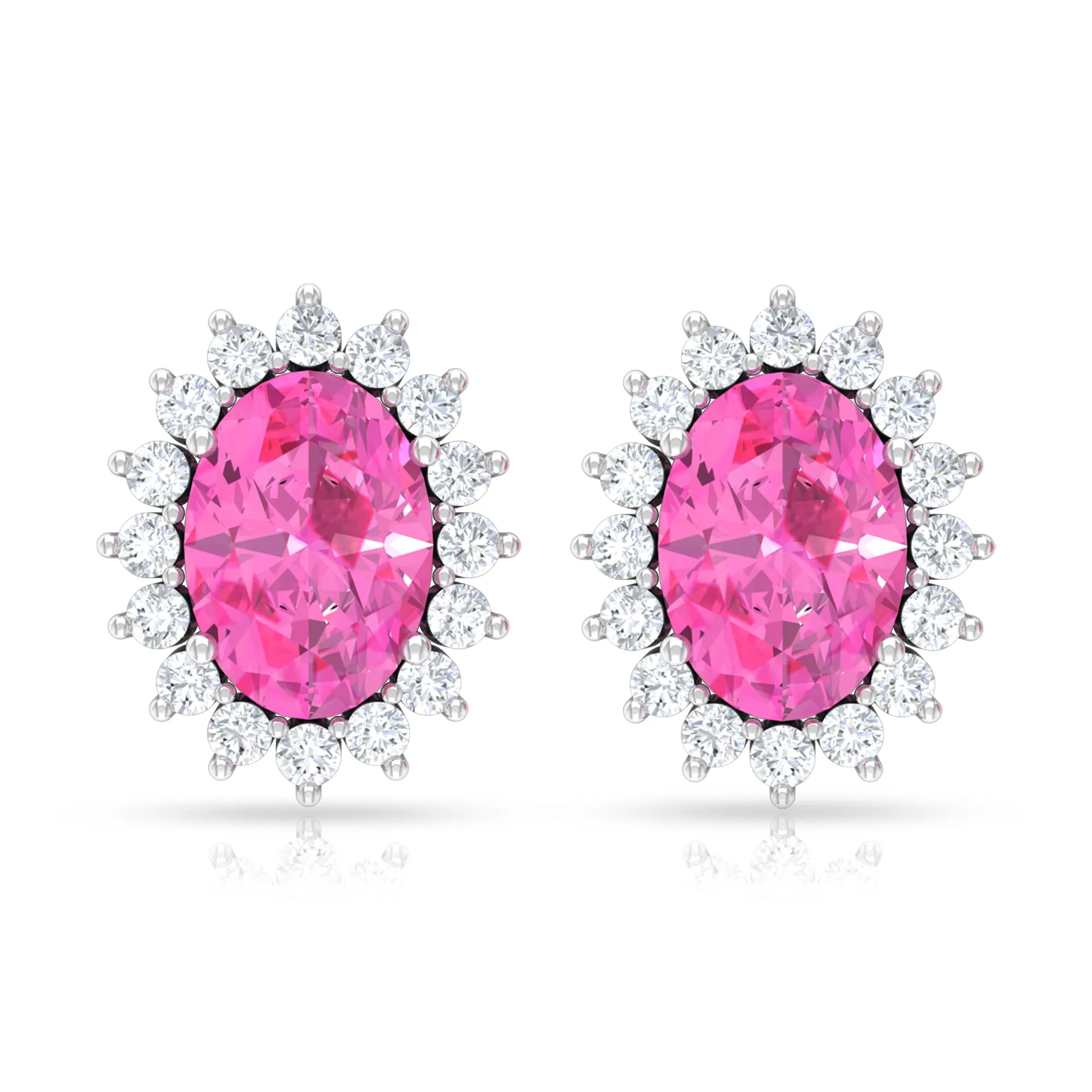 Oval Cut Pink Sapphire and Diamond Halo Stud Earrings