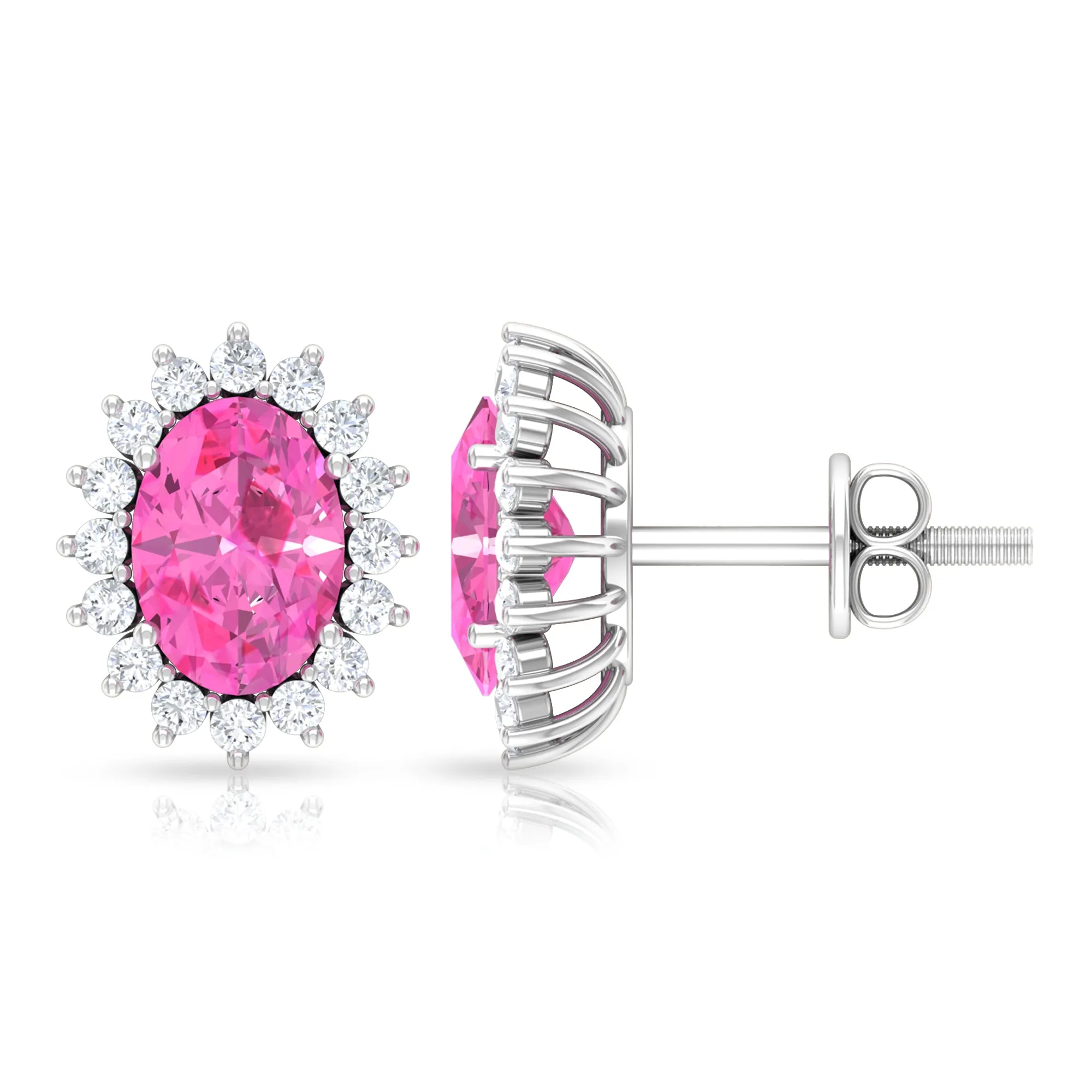 Oval Cut Pink Sapphire and Diamond Halo Stud Earrings