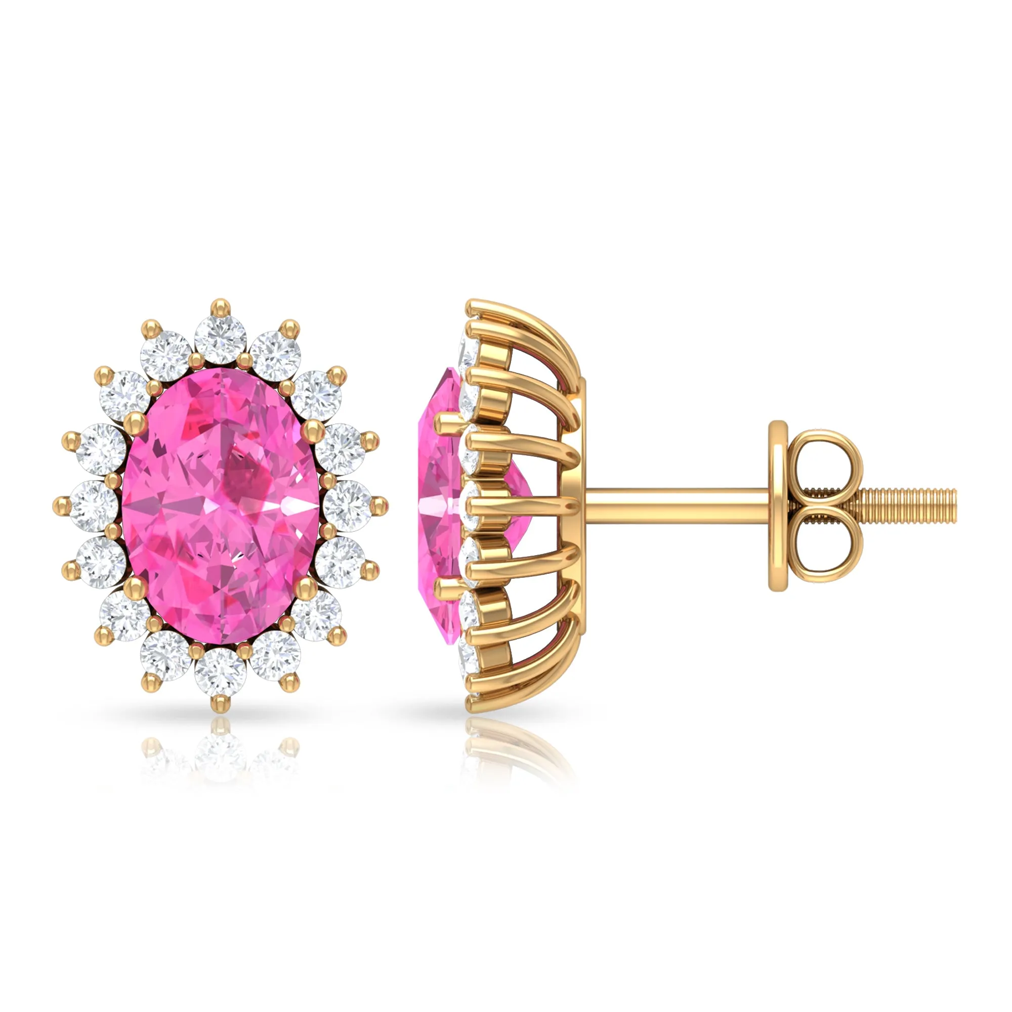 Oval Cut Pink Sapphire and Diamond Halo Stud Earrings