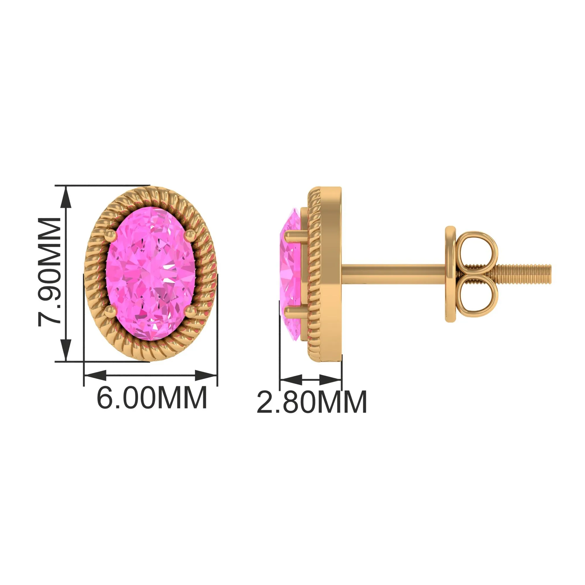 Oval Cut Pink Sapphire Solitaire Stud Earrings in Rope Frame