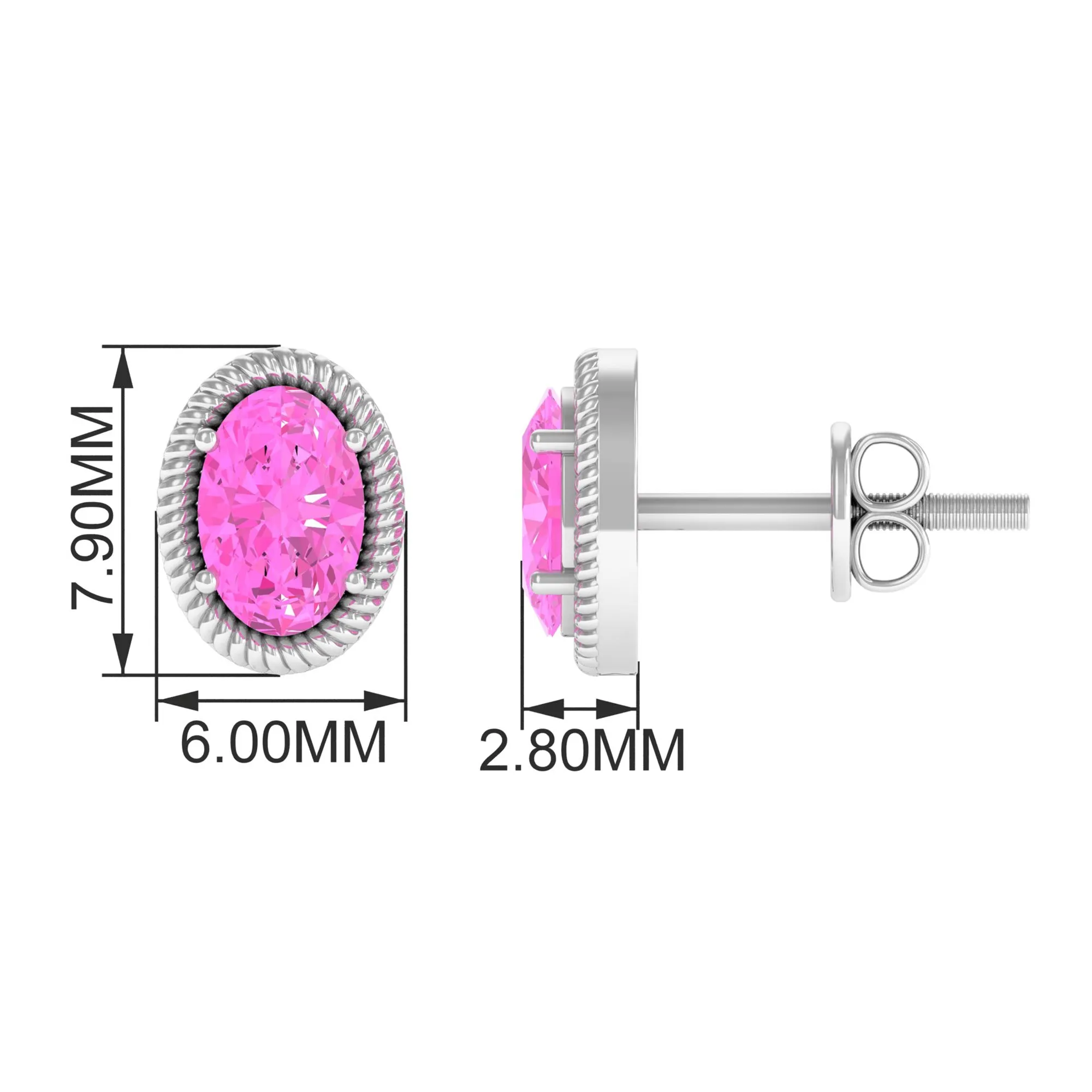 Oval Cut Pink Sapphire Solitaire Stud Earrings in Rope Frame