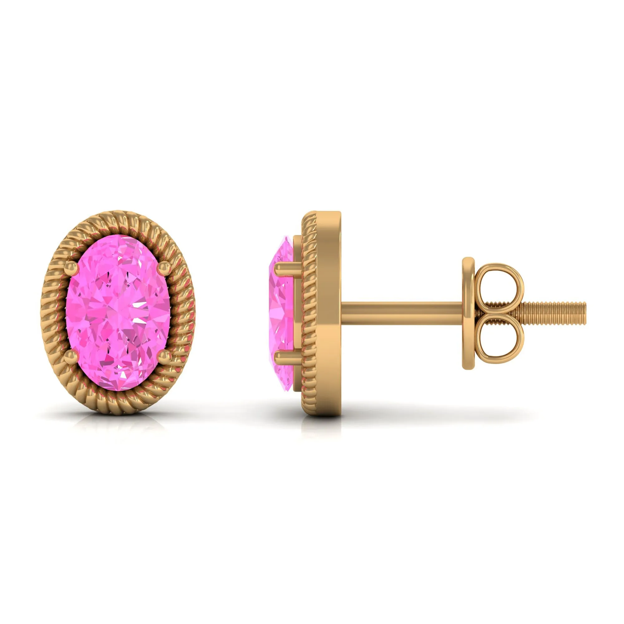 Oval Cut Pink Sapphire Solitaire Stud Earrings in Rope Frame