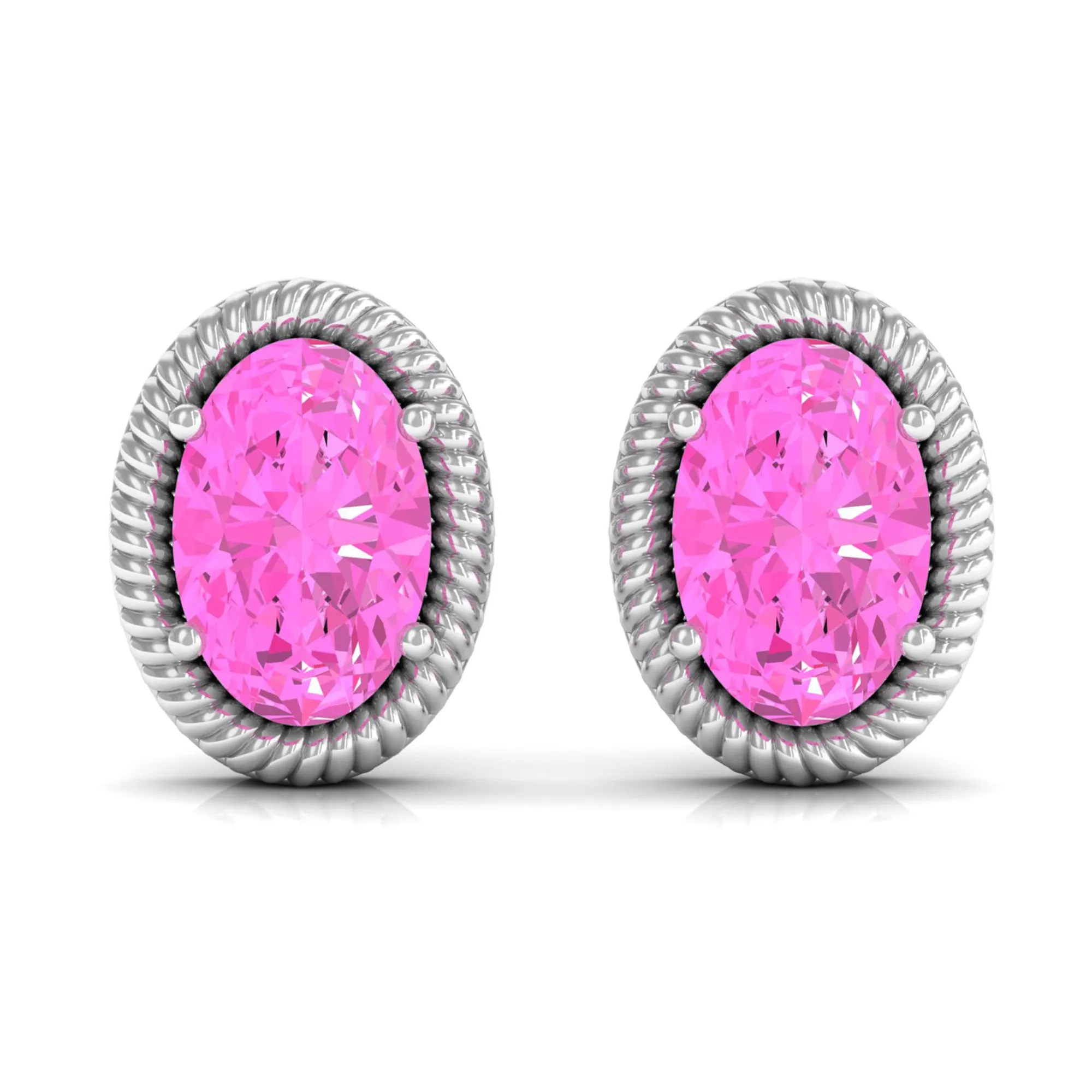 Oval Cut Pink Sapphire Solitaire Stud Earrings in Rope Frame