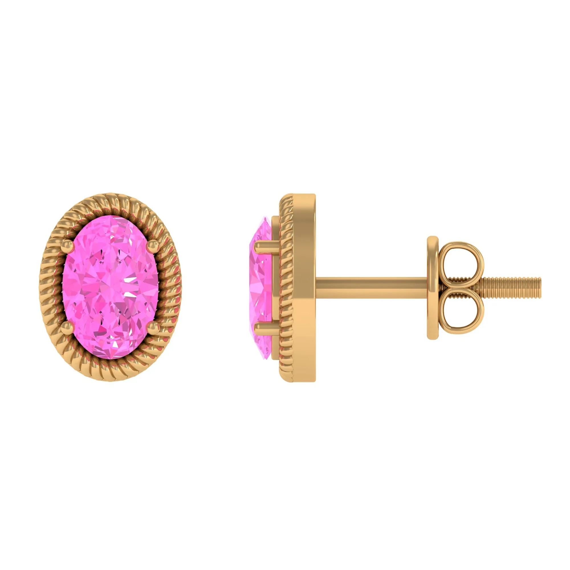 Oval Cut Pink Sapphire Solitaire Stud Earrings in Rope Frame