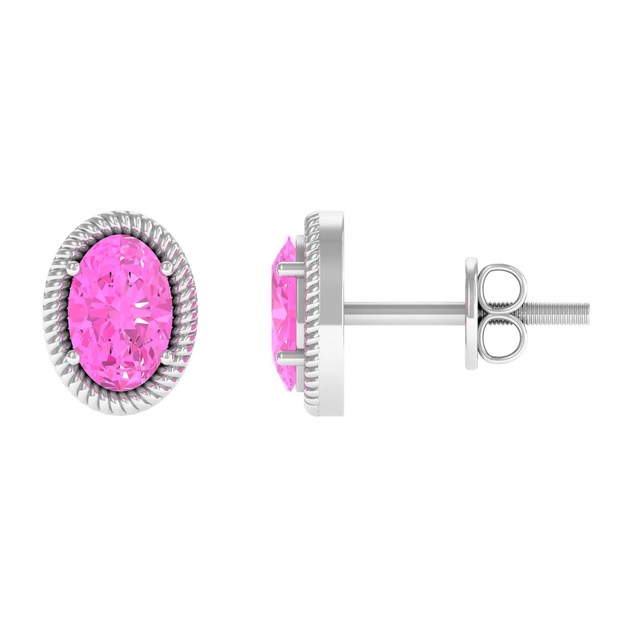 Oval Cut Pink Sapphire Solitaire Stud Earrings in Rope Frame