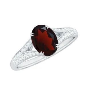 Oval Garnet Solitaire Engagement Ring with Diamond