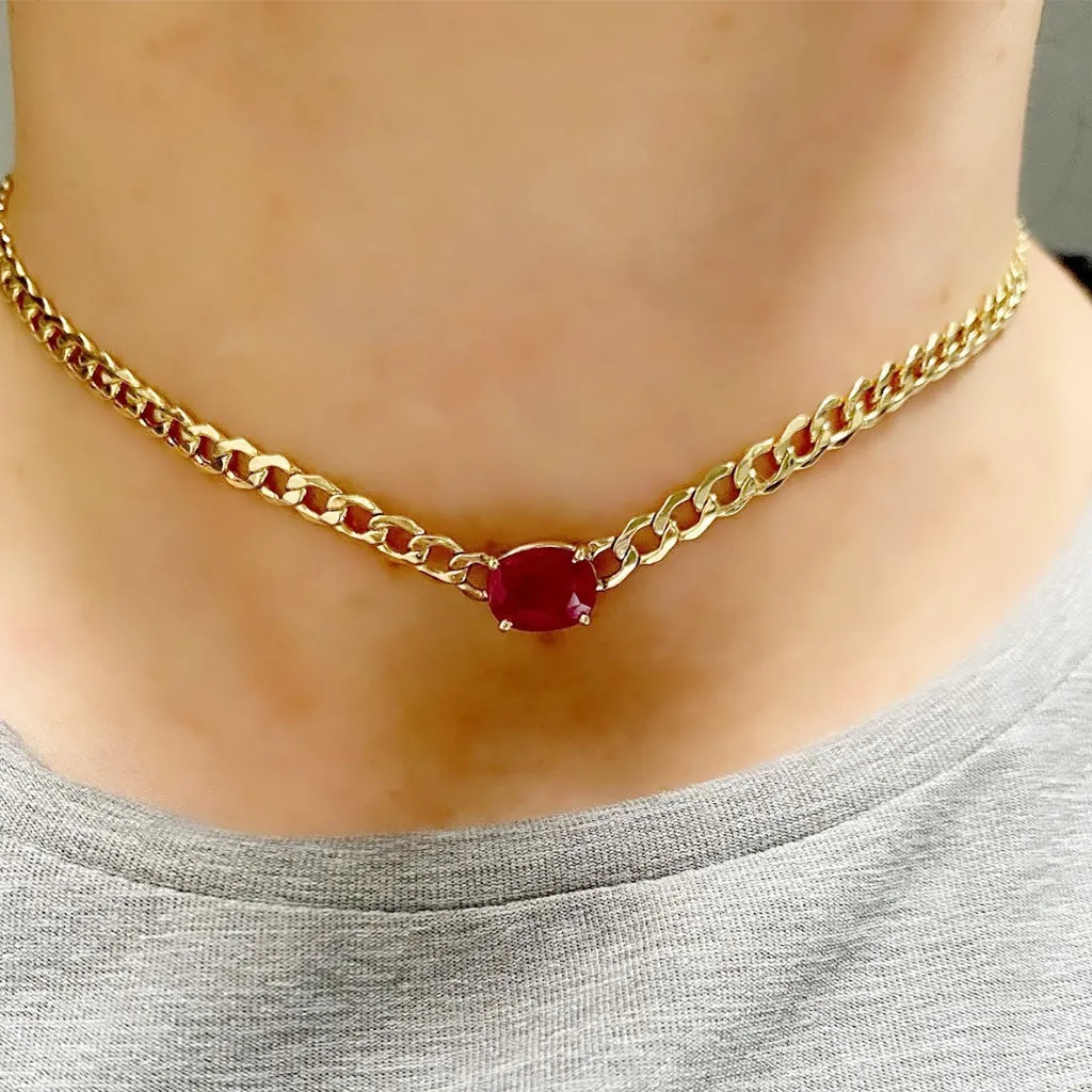 Oval Ruby On Cuban Chain Choker Necklace