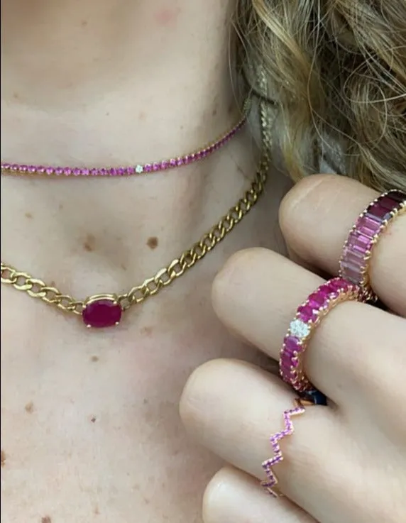 Oval Ruby On Cuban Chain Choker Necklace