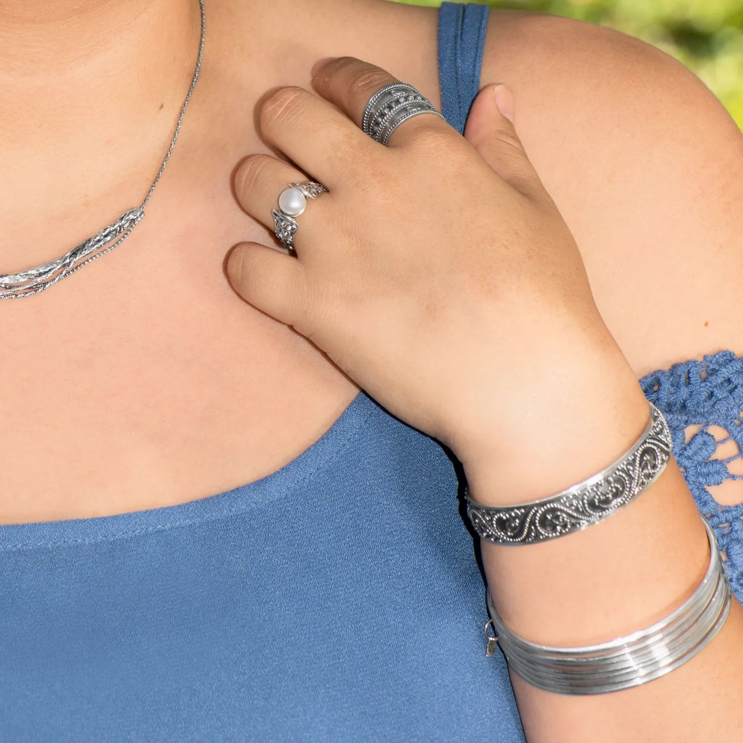 Oxidized Beaded Filigree Design Oval Cuff