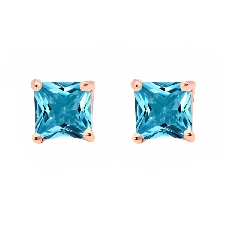 Paris Jewelry 18k Rose Gold 2 Pair Created Blue Topaz 6mm Round & Princess Cut Stud Earrings Plated