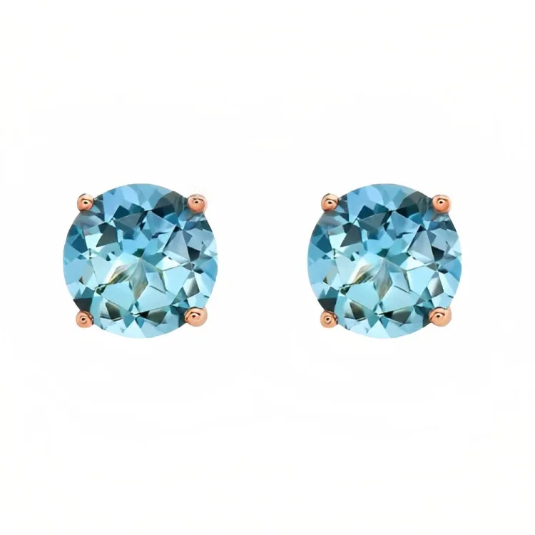 Paris Jewelry 18k Rose Gold 2 Pair Created Blue Topaz 6mm Round & Princess Cut Stud Earrings Plated