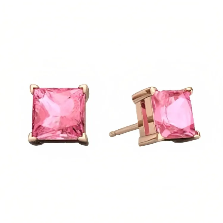 Paris Jewelry 18k Rose Gold 2 Pair Created Tourmaline 4mm Round & Princess Cut Stud Earrings Plated