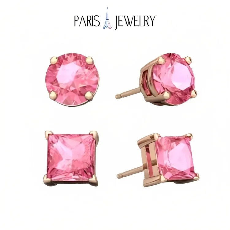 Paris Jewelry 18k Rose Gold 2 Pair Created Tourmaline 4mm Round & Princess Cut Stud Earrings Plated