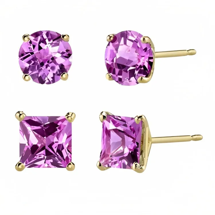 Paris Jewelry 18k Yellow Gold 2 Pair Created Tourmaline 4mm, 6mm Round & Princess Cut Stud Earrings Plated