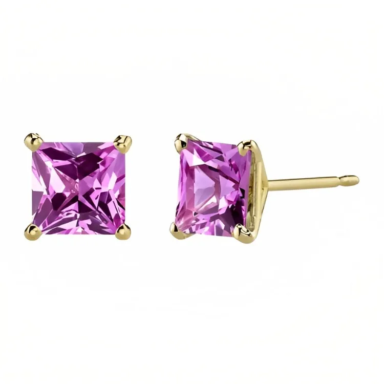 Paris Jewelry 18k Yellow Gold 2 Pair Created Tourmaline 4mm, 6mm Round & Princess Cut Stud Earrings Plated