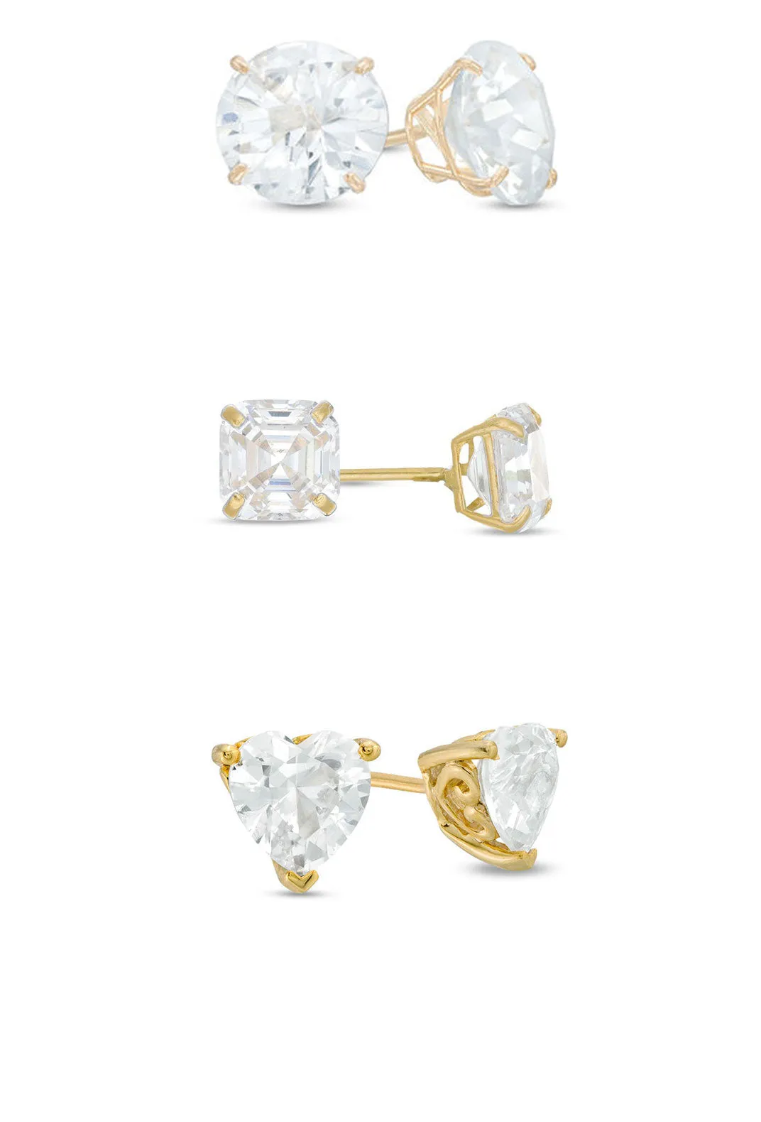 Paris Jewelry 18k Yellow Gold 4Cttw Created White Sapphire 3 Pair Round, Square And Heart Stud Earrings Plated