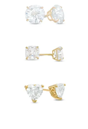 Paris Jewelry 18k Yellow Gold 4Cttw Created White Sapphire 3 Pair Round, Square And Heart Stud Earrings Plated