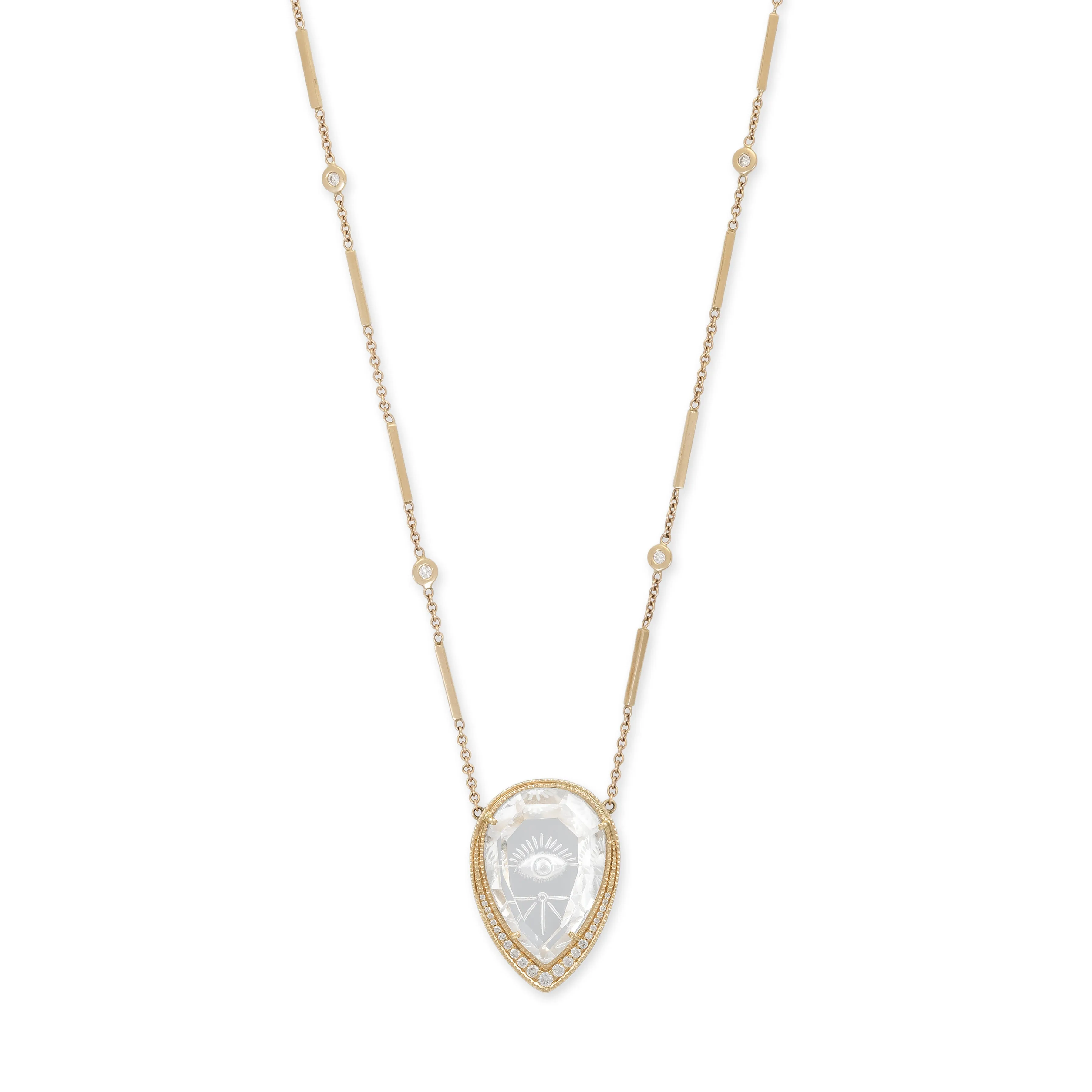 PAVE CARVED EYE BURST CLEAR QUARTZ TEARDROP SMOOTH BAR NECKLACE