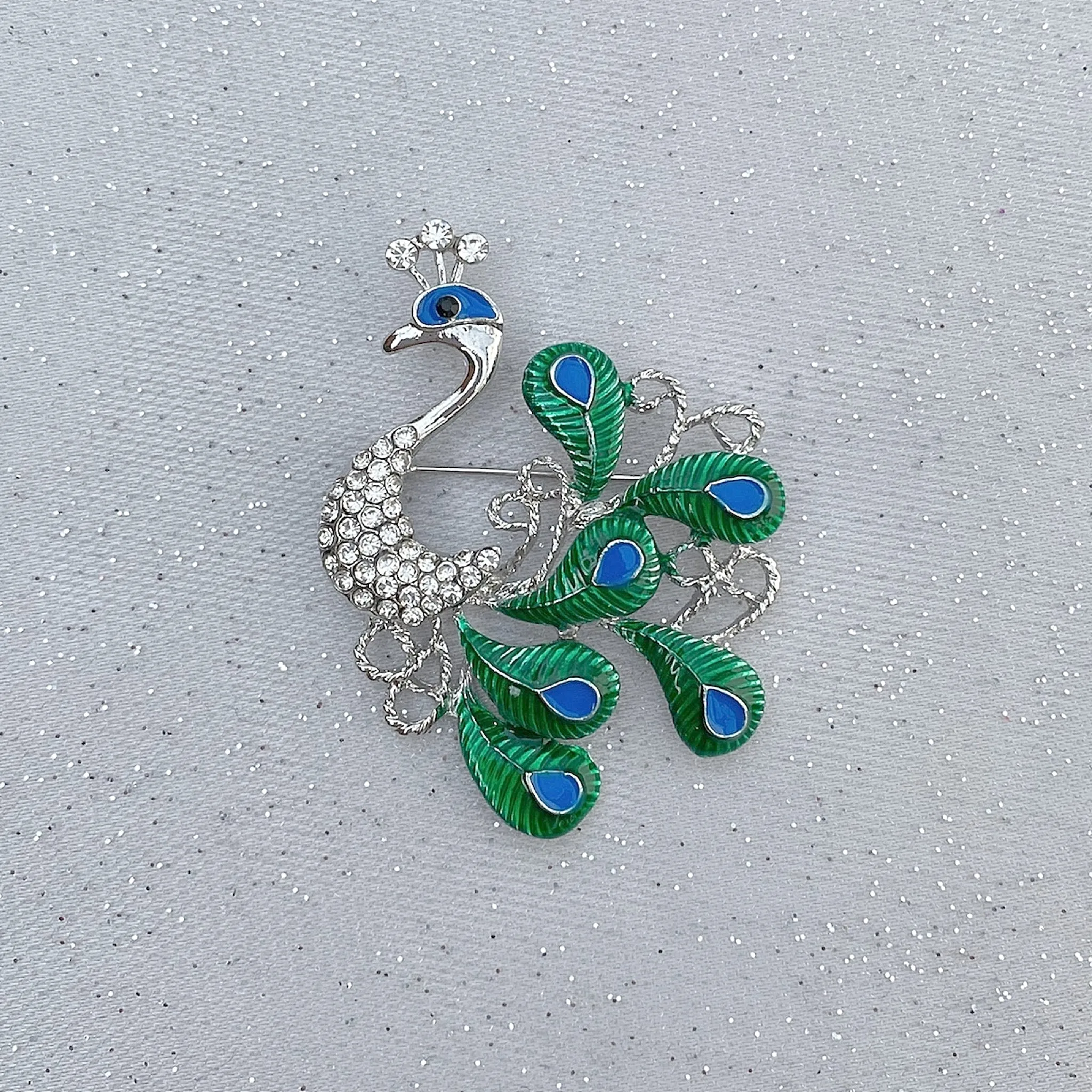 Peacock Brooch with Enamel and Crystal