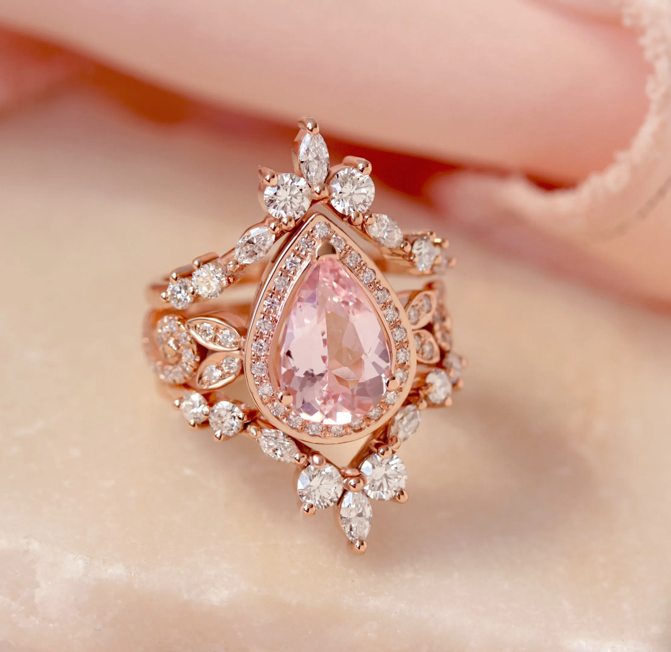 Pear Morganite & Diamonds Engagement Wave Band ring